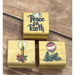LOT OF THREE WOOD MOUNTED RUBBER STAMPS HOLIDAY THEMED VINTAGE CHRISTMAS PEACE